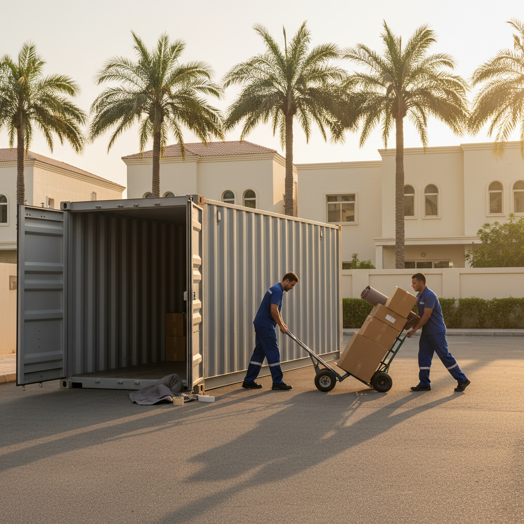 Oud Metha driveway scene with a pod storage container and movers using a dolly for a smooth Dubai relocation