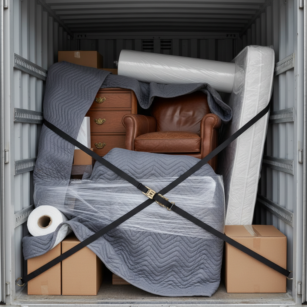 Close-up of items strapped inside a pod storage container with blankets and rails for Dubai moving safety
