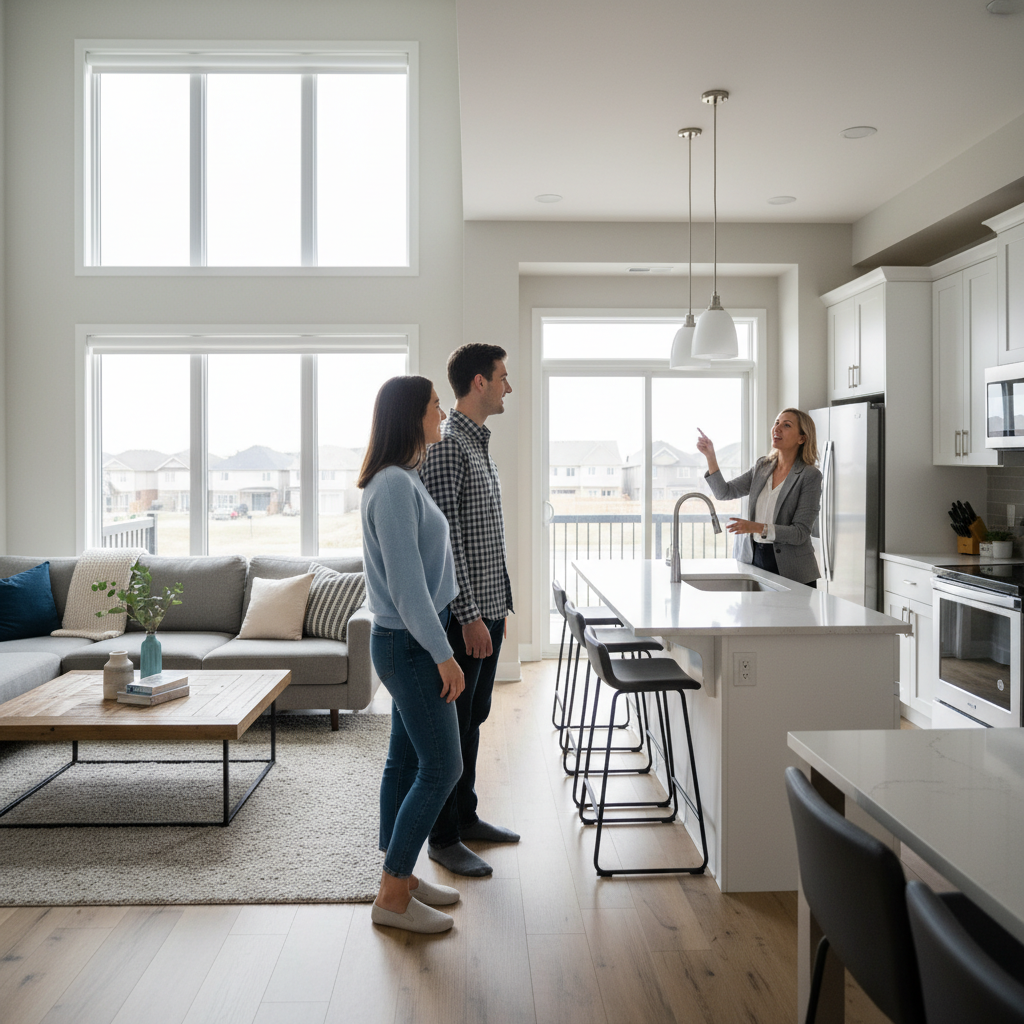 First-time buyers touring a modern Brampton townhouse with their realtor, assessing layout and natural light before making an offer