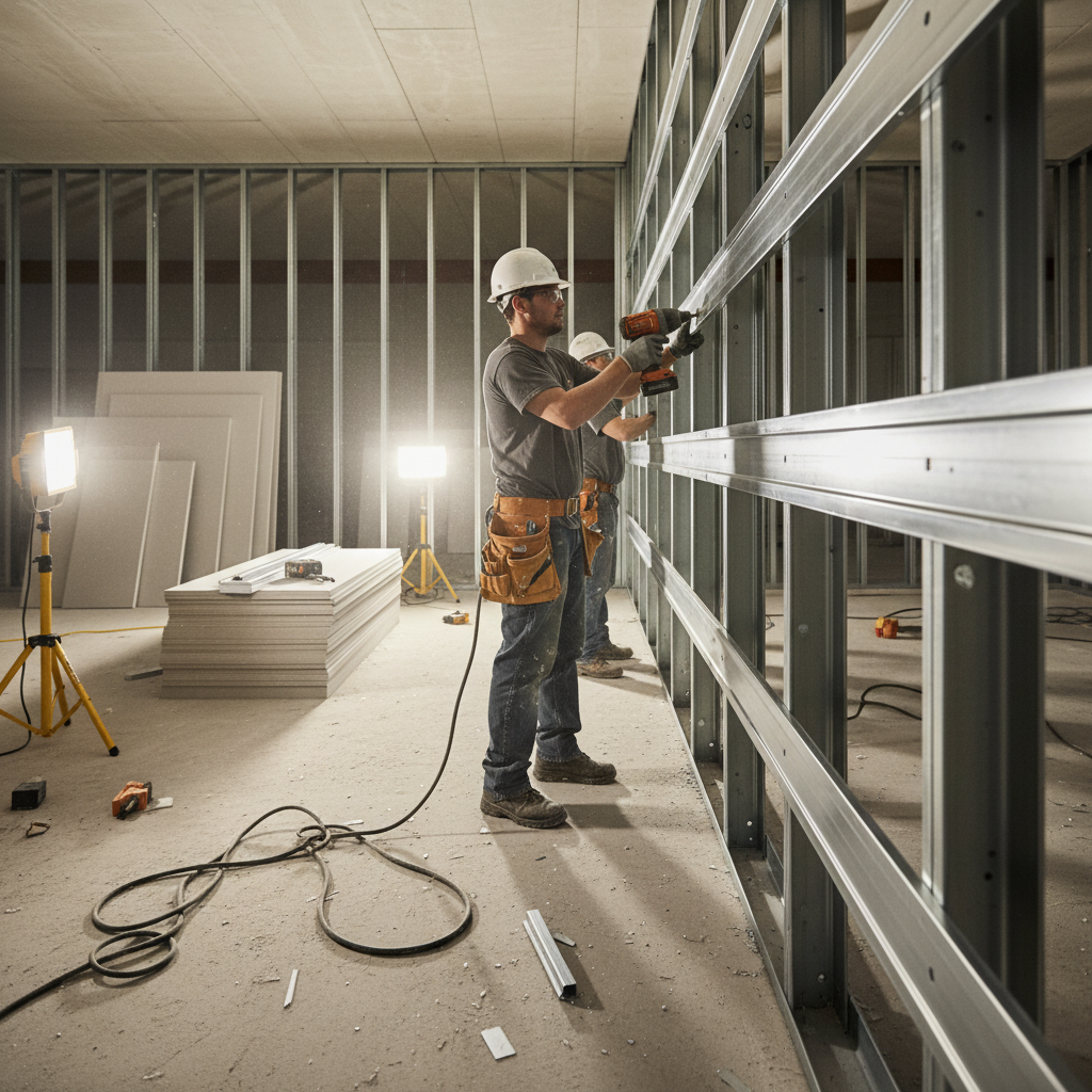 Crew installing resilient channel over steel studs in a commercial interior to improve STC performance in a steel framing system