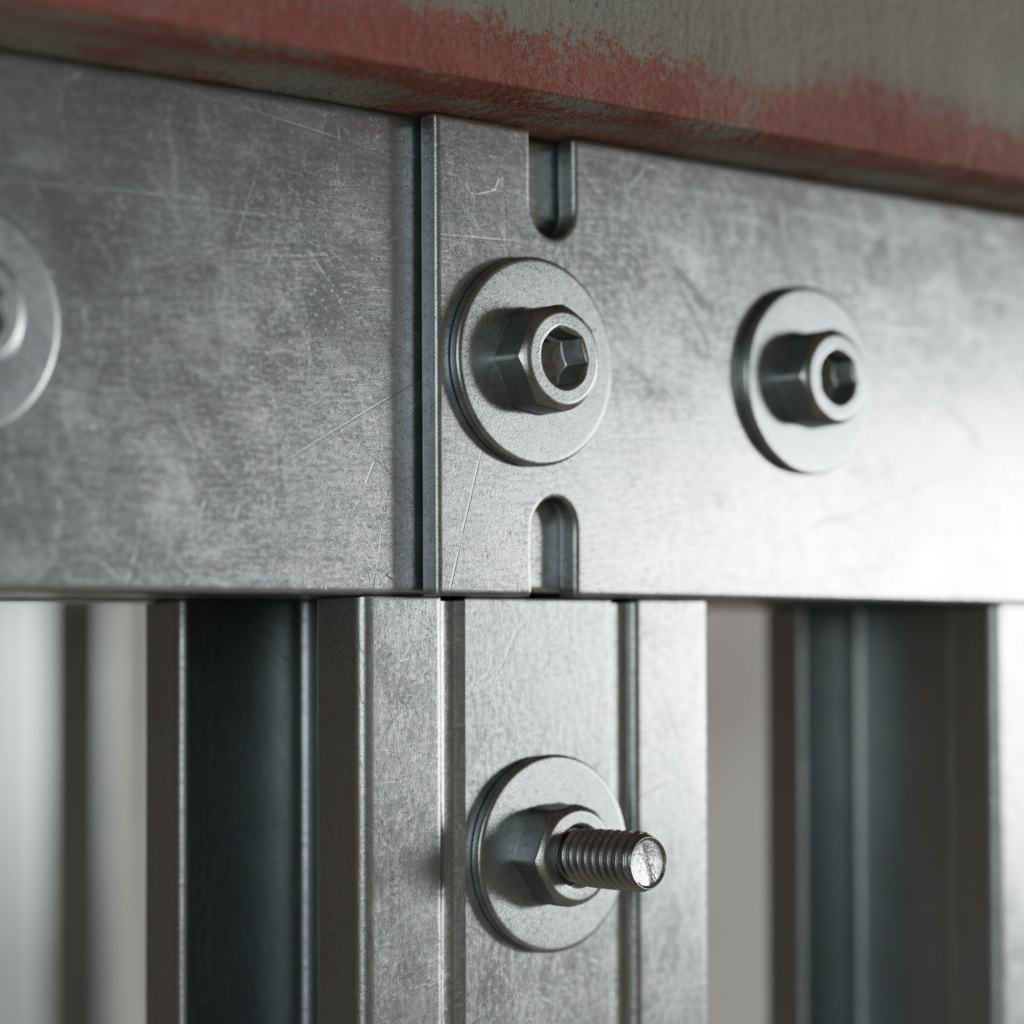 Close-up of slotted deflection track connection in a steel framing system showing slip allowance and fasteners