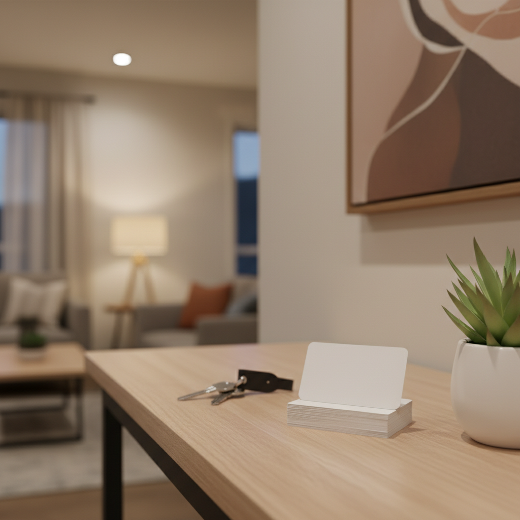 Open house entry table with realtor business cards, keys, and plant, showing practical card use at showings