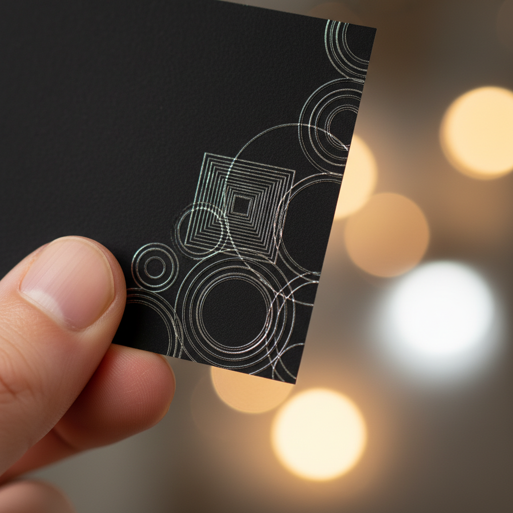 Close-up of raised spot UV luxury realtor business card texture from a Mississauga print shop