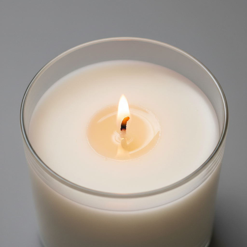 Close-up of a medium jar candle with a full melt pool in soy, coconut, and apricot wax showing how to choose candle size for even burning