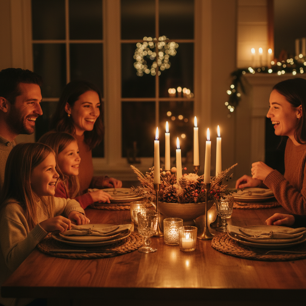 Dinner table with taper candles and votives arranged for balanced light and sightlines demonstrating candle sizing for events