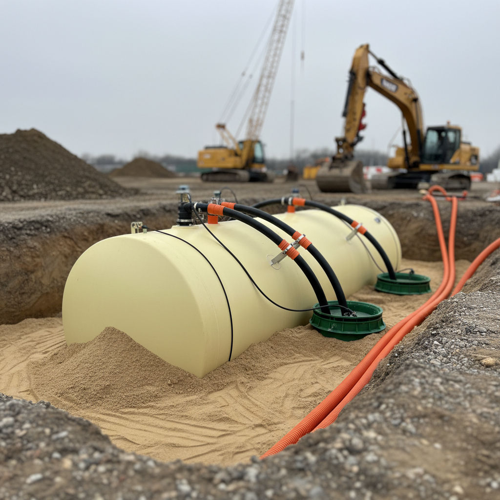 Underground storage tank installation detail for convenience store construction in Texas with fiberglass tank and double-walled piping