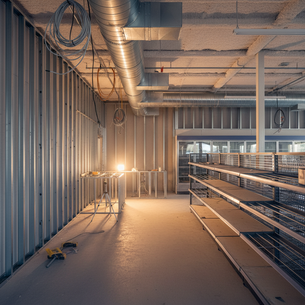 Interior build-out of a Texas convenience store showing metal studs, HVAC ductwork, and electrical conduit during construction