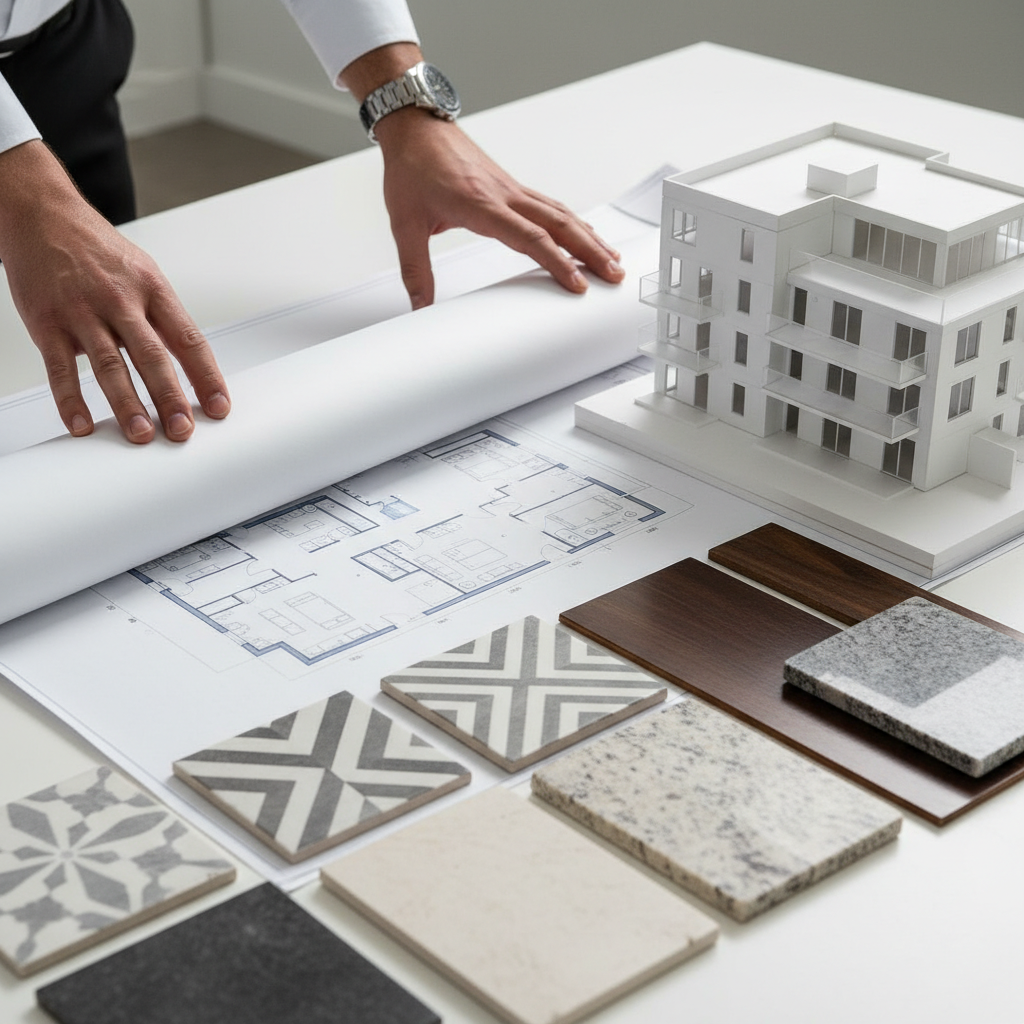 Architect reviewing Mississauga pre-construction condo floor plan with finish samples, illustrating deposit schedule and design choices