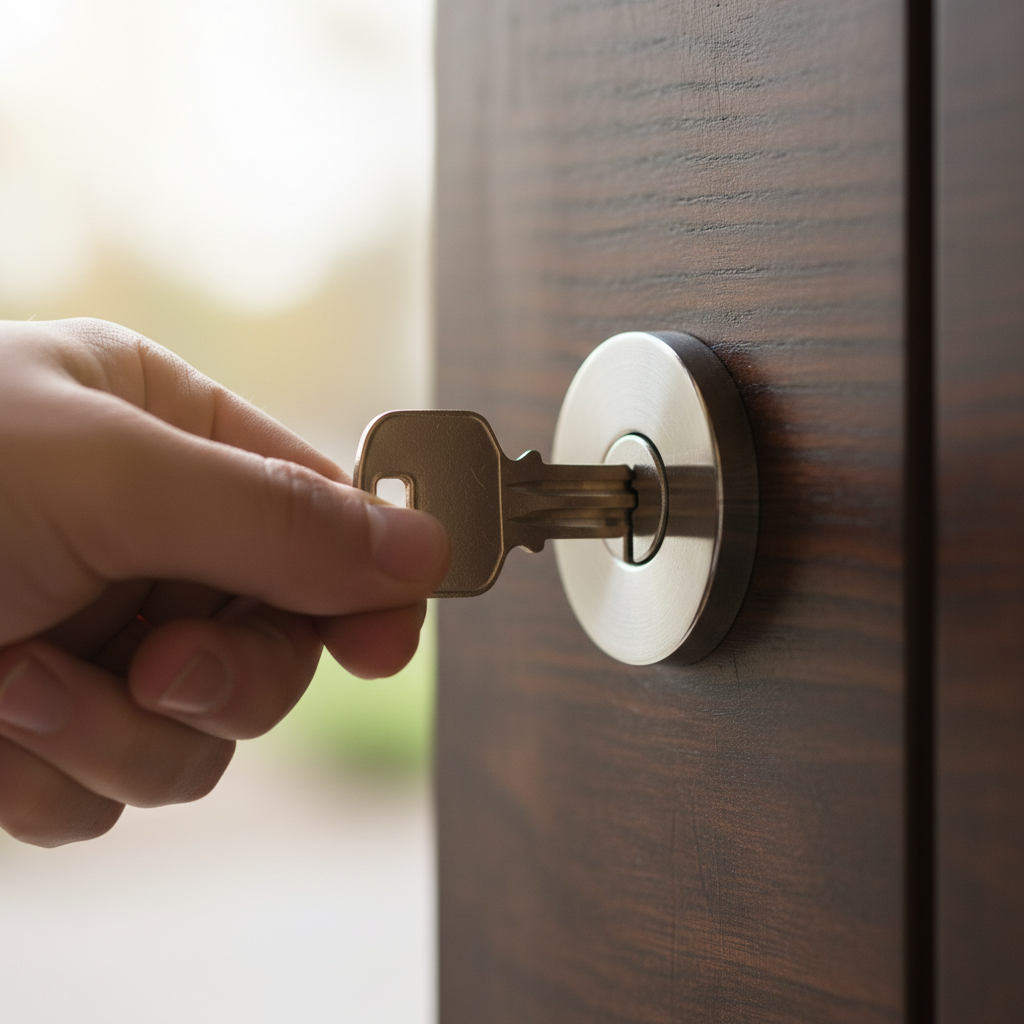 Close-up of a home key in front-door lock symbolizing MLS Canada home search and secure real estate transactions