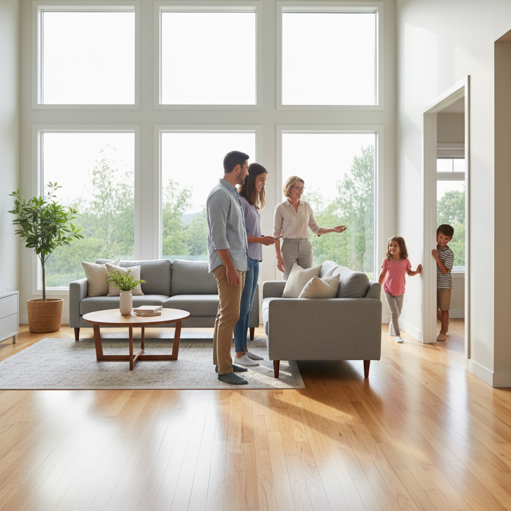 Family touring an open house with an agent, representing MLS Canada showings and buyer journeys
