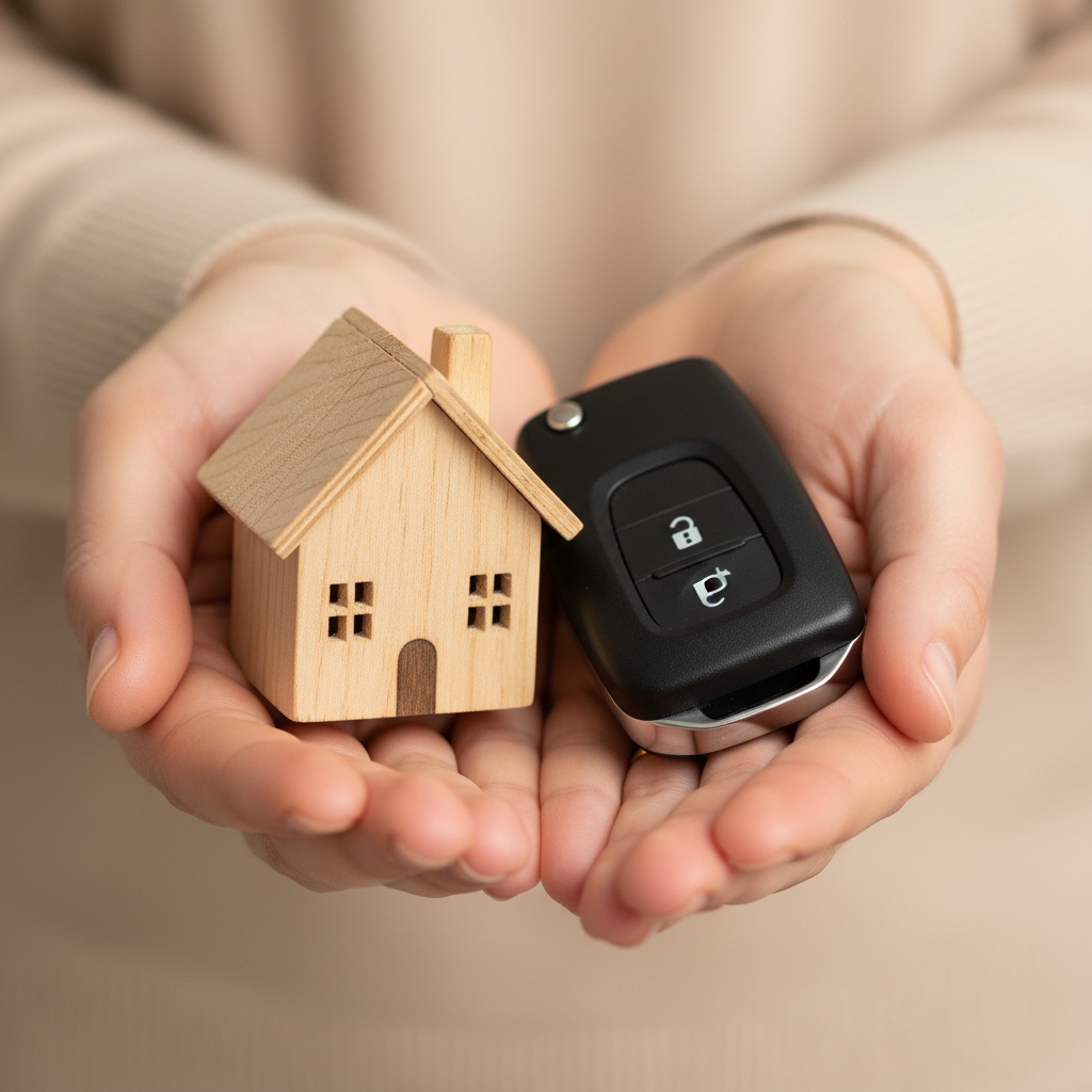 Close-up symbolic image of bundled auto and home coverage: hands holding a wooden house and car key fob