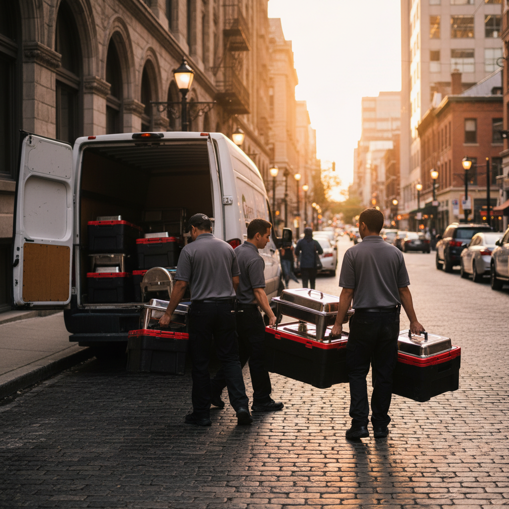 Catering delivery team unloading insulated carriers and chafers in Old Toronto for a private event