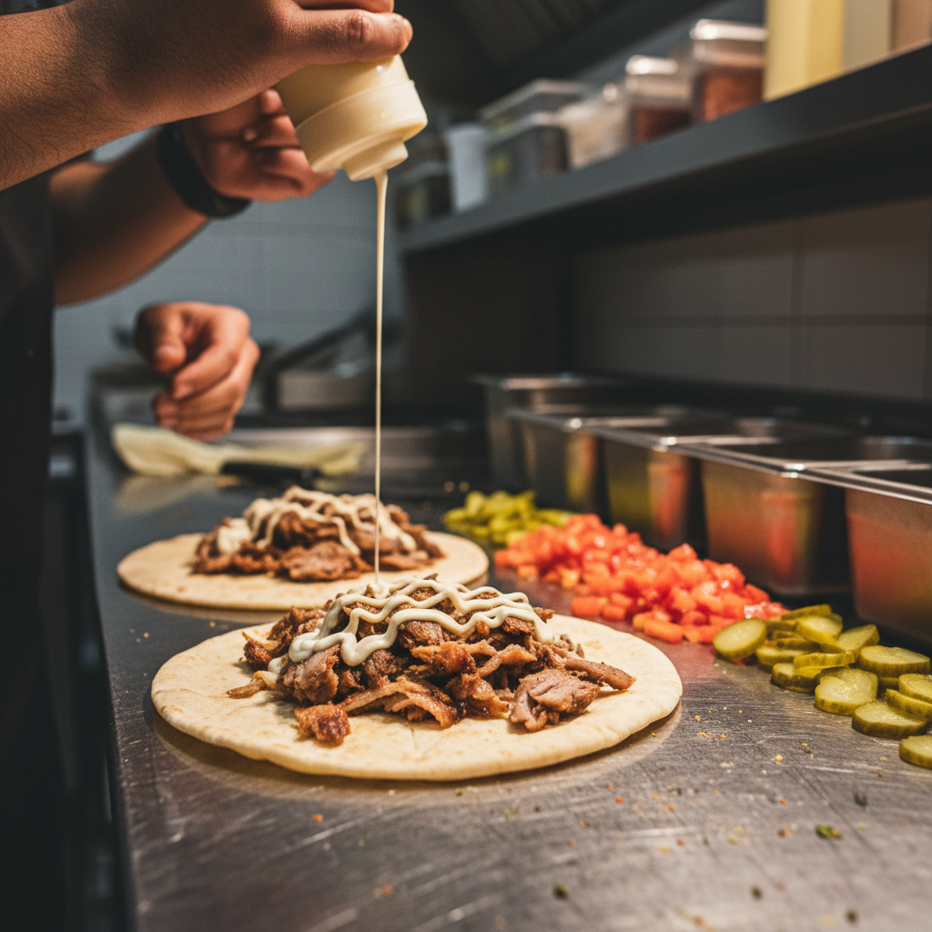 Close-up of shawarma wraps being assembled for private event catering in Toronto, highlighting fresh Turkish ingredients and sauces
