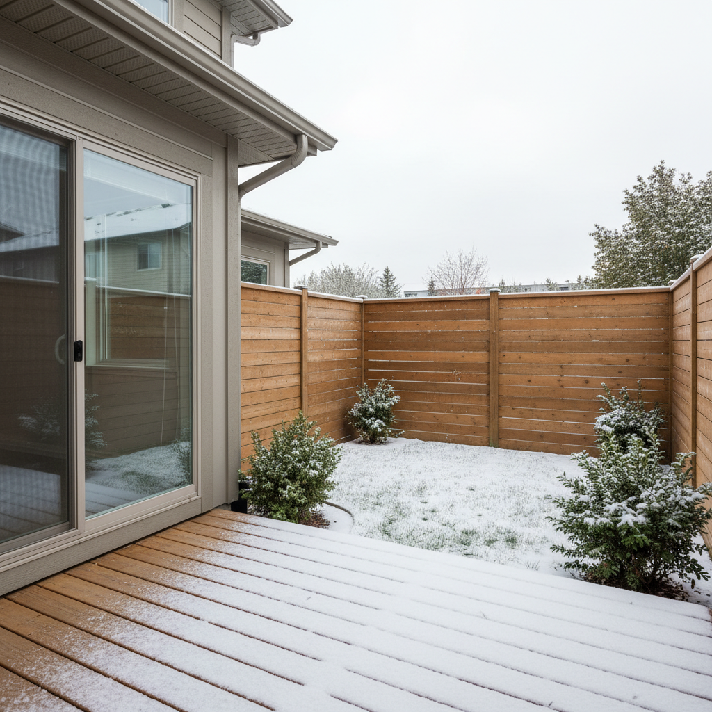 Backyard detail of an Edmonton townhouse with deck and sliding door, a common feature in townhomes for sale in Edmonton Alberta