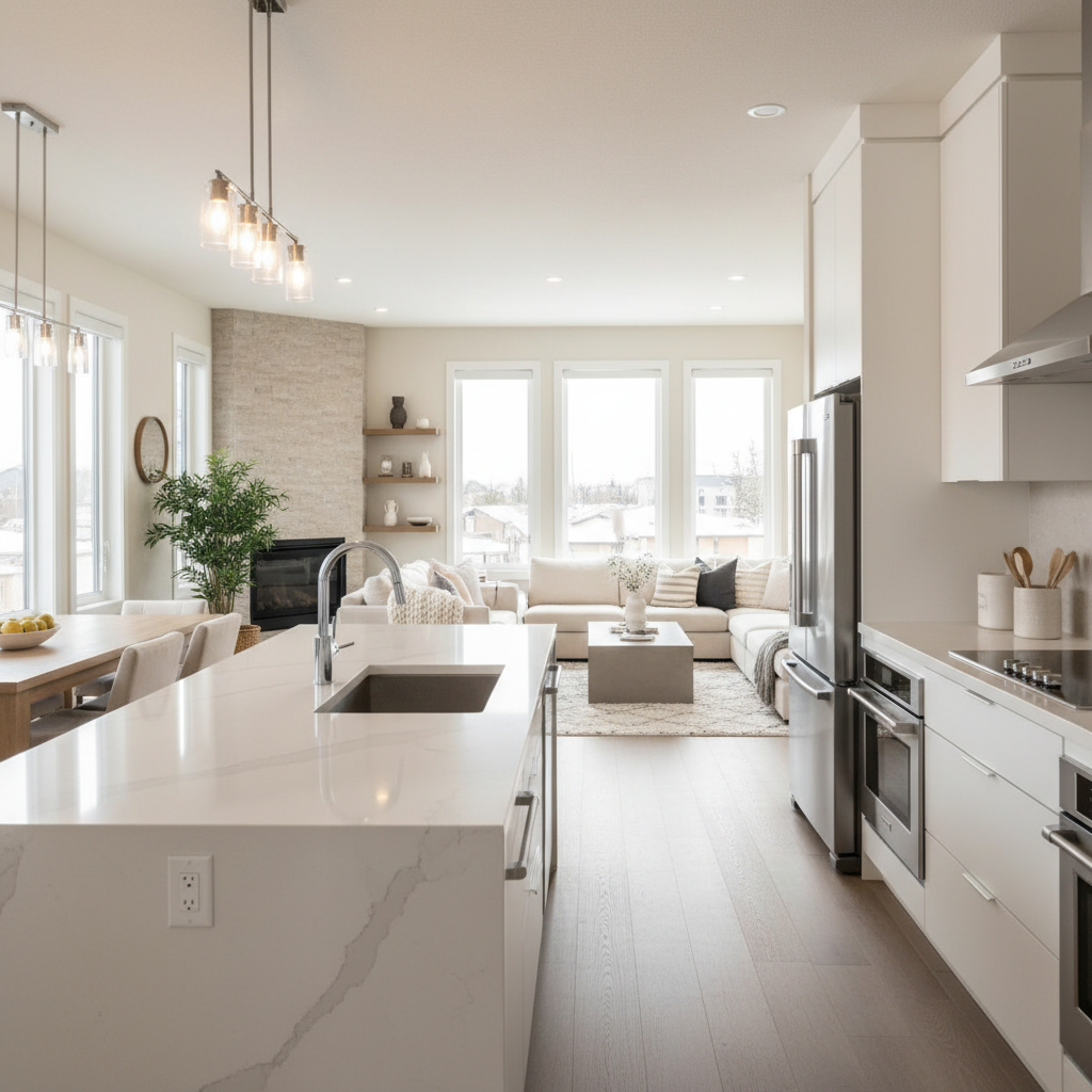 Interior of a contemporary Edmonton townhouse with an open-concept kitchen and living area, showcasing finishes common in Edmonton townhomes for sale