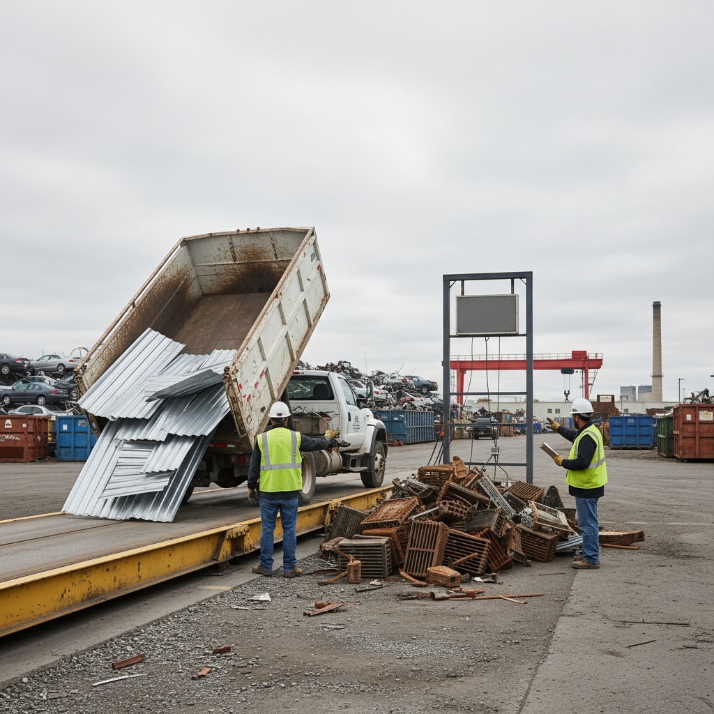 Pickup unloading aluminum siding and radiators at an Etobicoke scrap yard scale for aluminum scrap metal drop-off