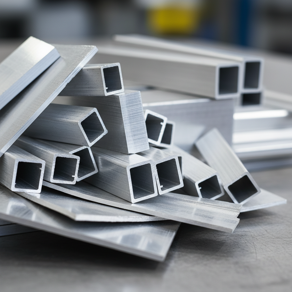 Close-up of clean aluminum extrusion profiles and sheet offcuts for aluminum scrap metal recycling