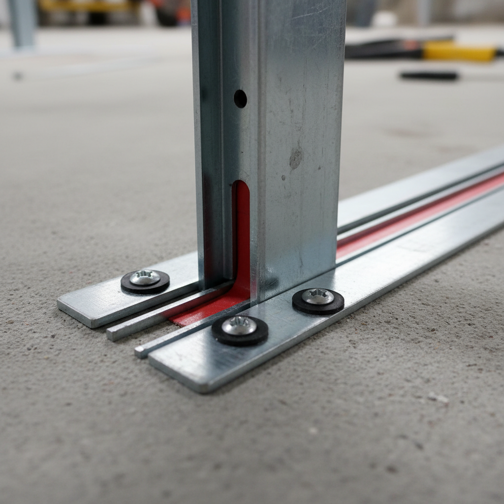 Close-up of slotted deflection track connected to heavy gauge steel stud for steel framing systems