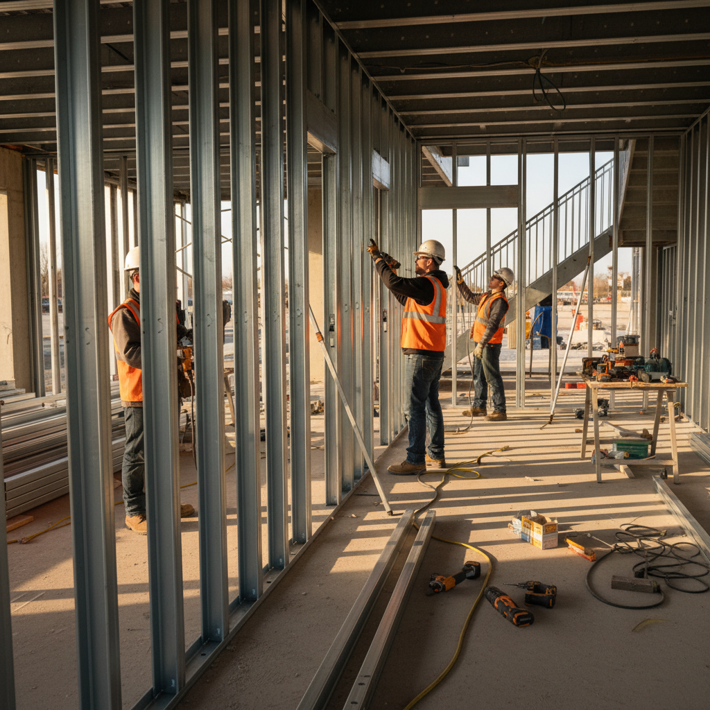 Installers assembling steel studs and bridging channel during interior framing