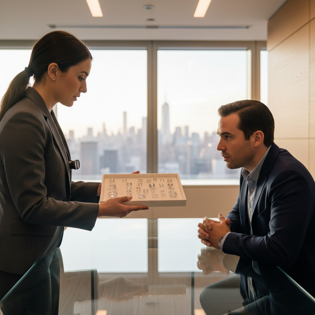 GIA Approved Diamonds: Know Value Before You Buy in 2026 2 NYC consultation scene with gemologist presenting a tray of GIA approved diamonds to a client at JS Diamonds Inc