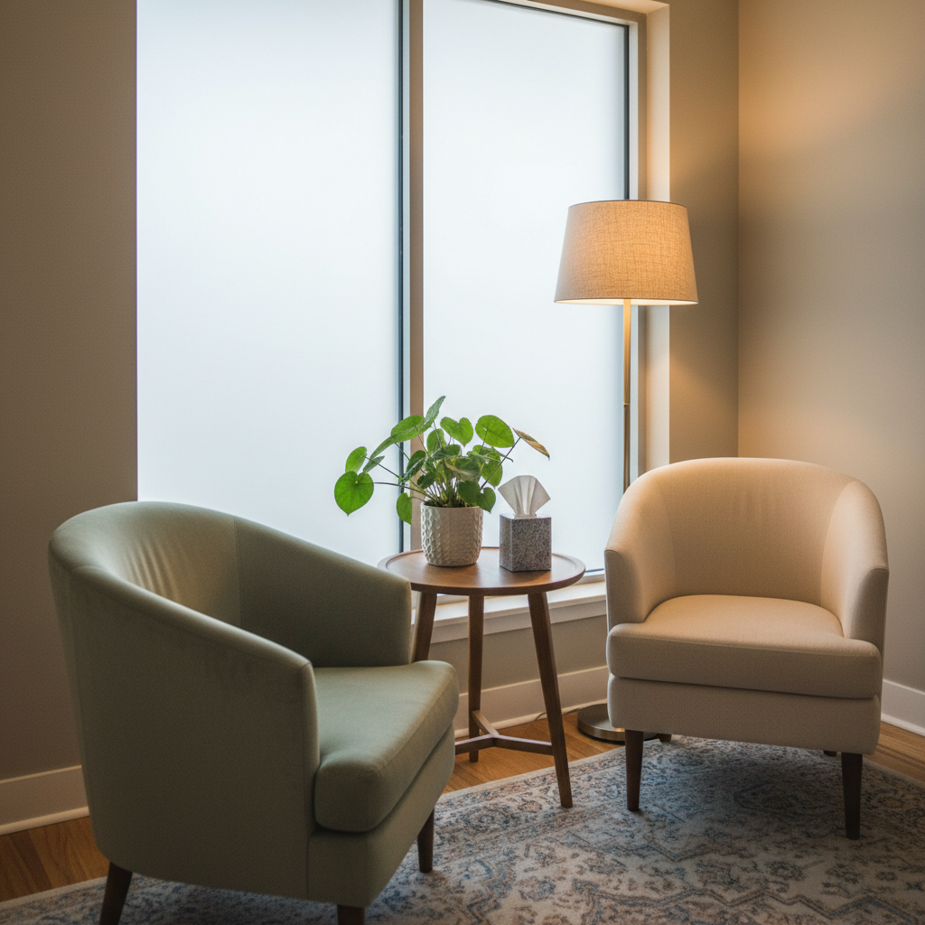 Quiet counseling room in an Ontario methadone clinic, reflecting judgment-free, confidential support for OAT