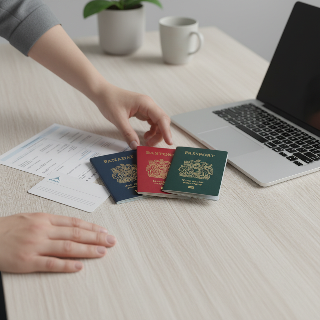 Close-up of passports and travel documents for Canada visitor visa vs super visa planning