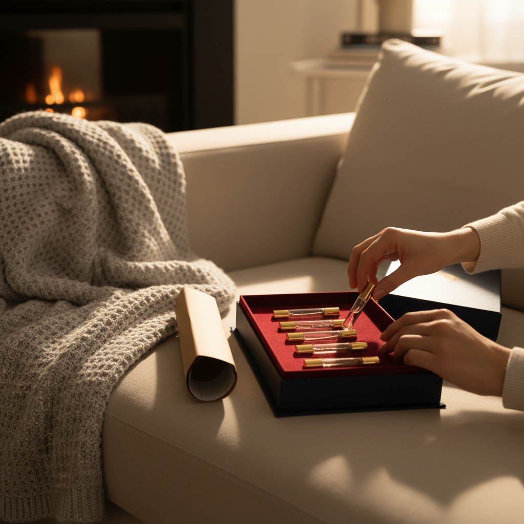 Lifestyle scene of a discovery perfume set being unboxed at home, showing hands selecting a vial from a velvet-lined box