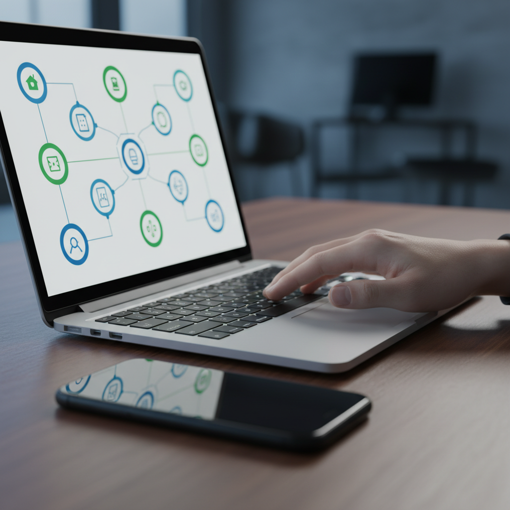 Close-up of an automated SEO workflow on a laptop, illustrating hands-free on-page optimization and internal linking