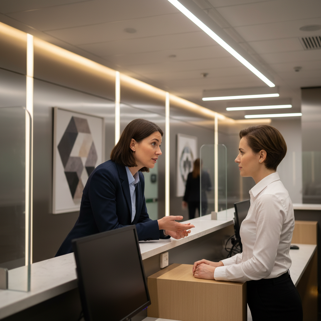 Entrepreneur confirming permit status at a government service counter before Toronto launch