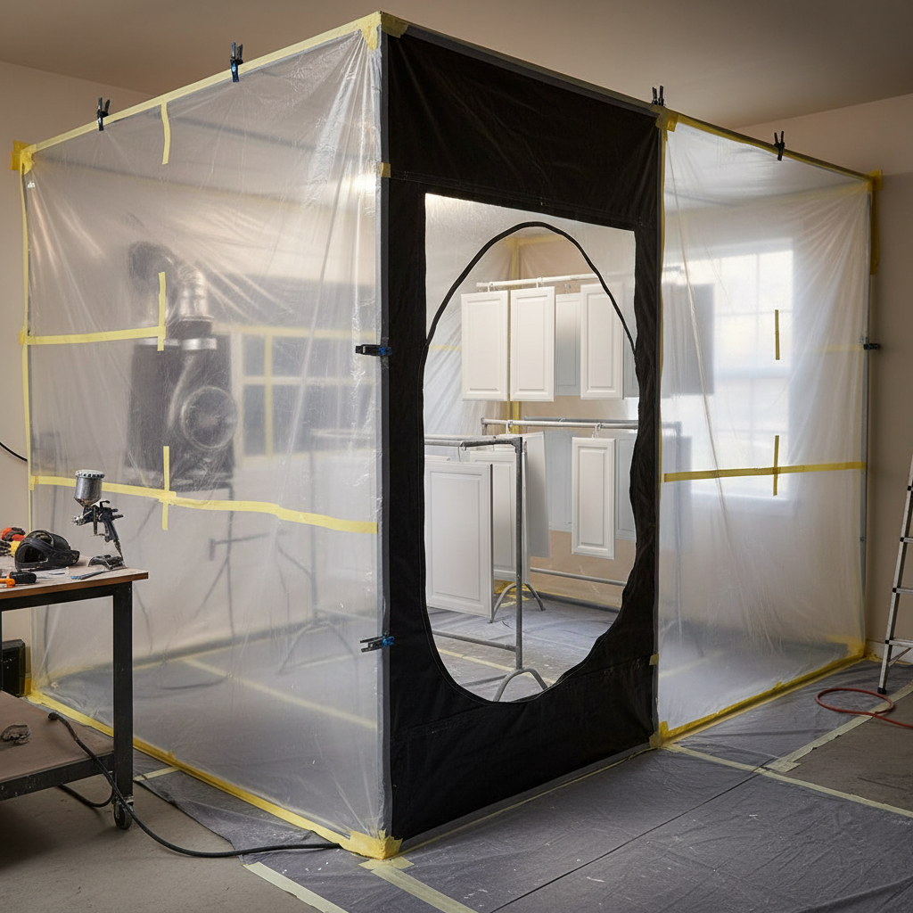 Onsite garage spray booth for kitchen cabinet door repainting with drying racks and filtration