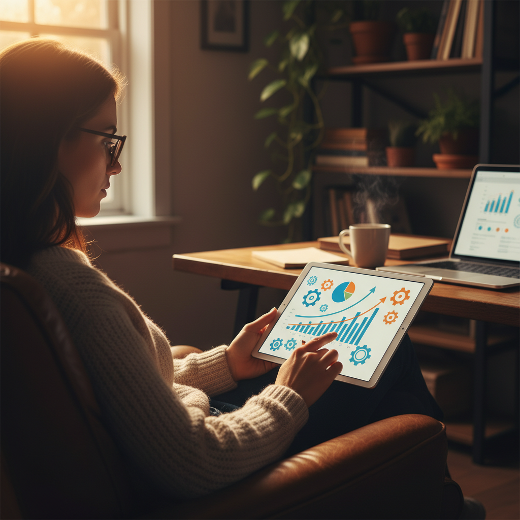 Small business owner reviewing automation results on a tablet, symbolizing AI-powered SEO and local profile activity