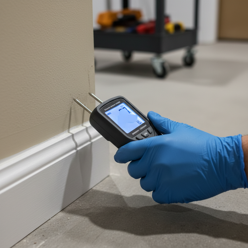 Close-up of moisture meter during pre-listing inspection in Toronto home basement