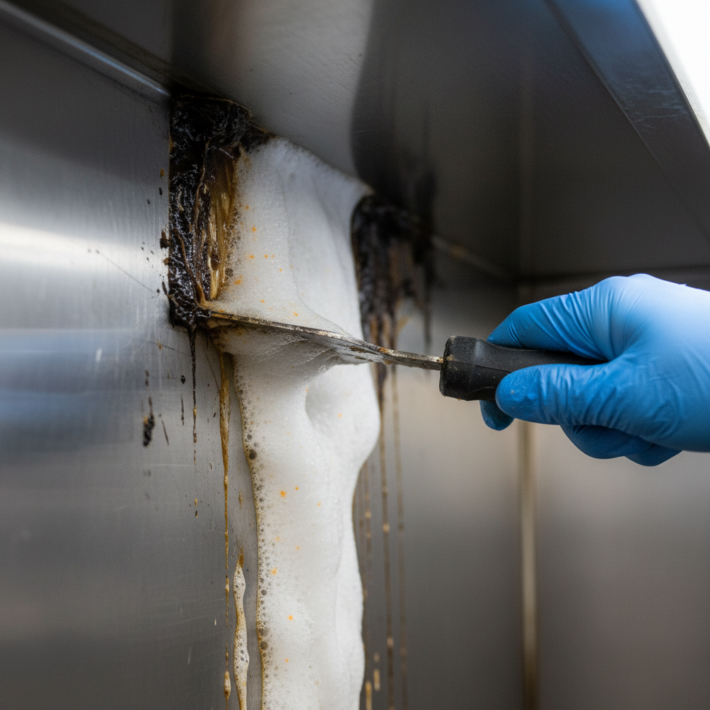 Close-up of commercial exhaust duct degreasing during commercial exhaust cleaning, showing scraper, foam degreaser, and stainless steel texture