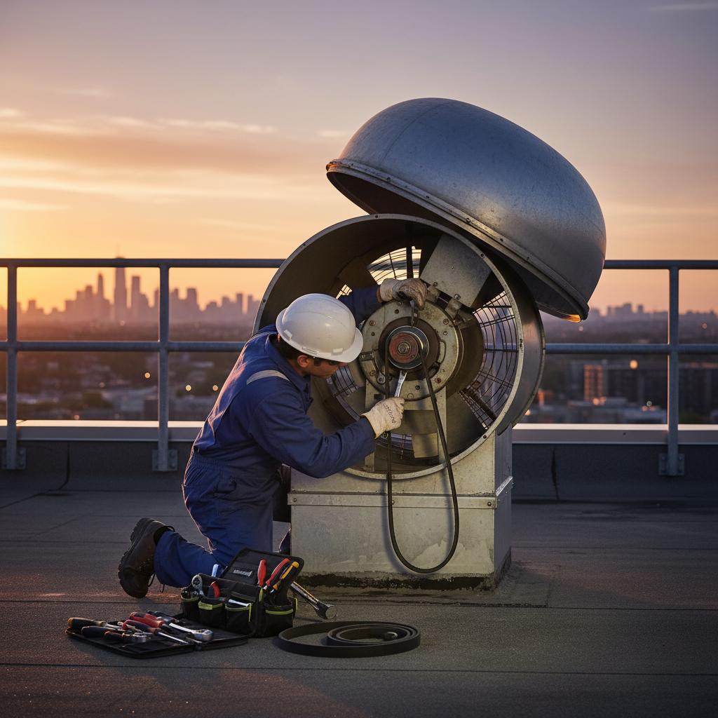 Technician replacing an exhaust fan belt on a rooftop upblast fan during commercial exhaust cleaning service