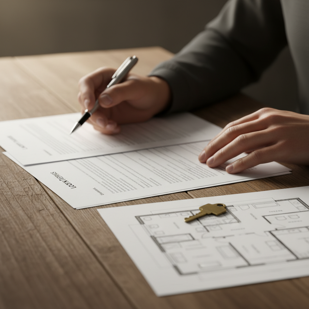 Close-up of homeowner comparing home equity line terms with keys and floor plan, illustrating HELOC details