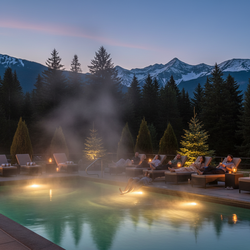 Heated outdoor pool at a North Conway mountain view motel with evening glow and evergreen backdrop