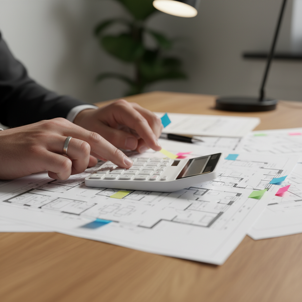 Close-up of a REALTOR reviewing floor plans, comps, and calculator for how to price a home to sell