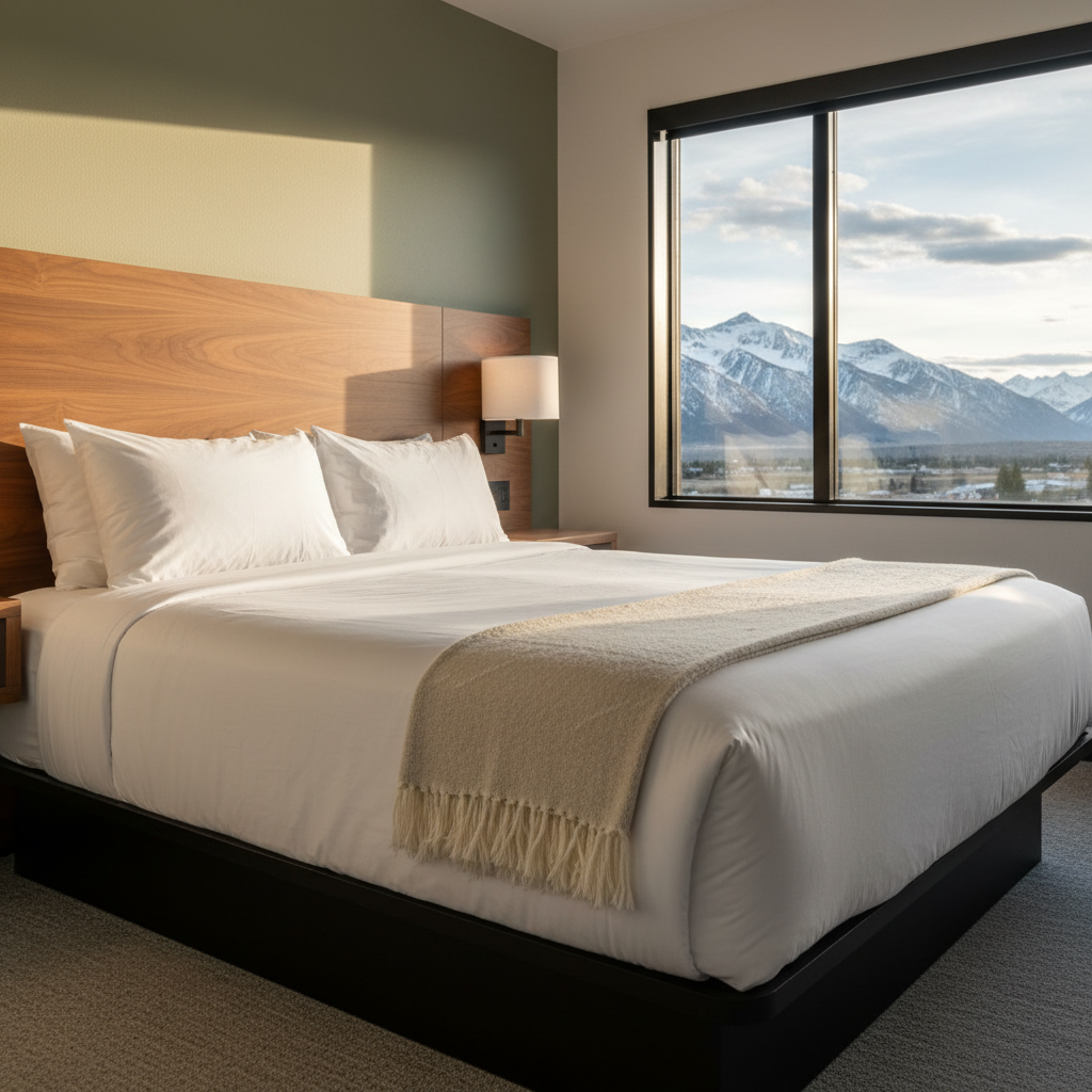 Renovated mountain view motel room interior in North Conway with window facing the White Mountains