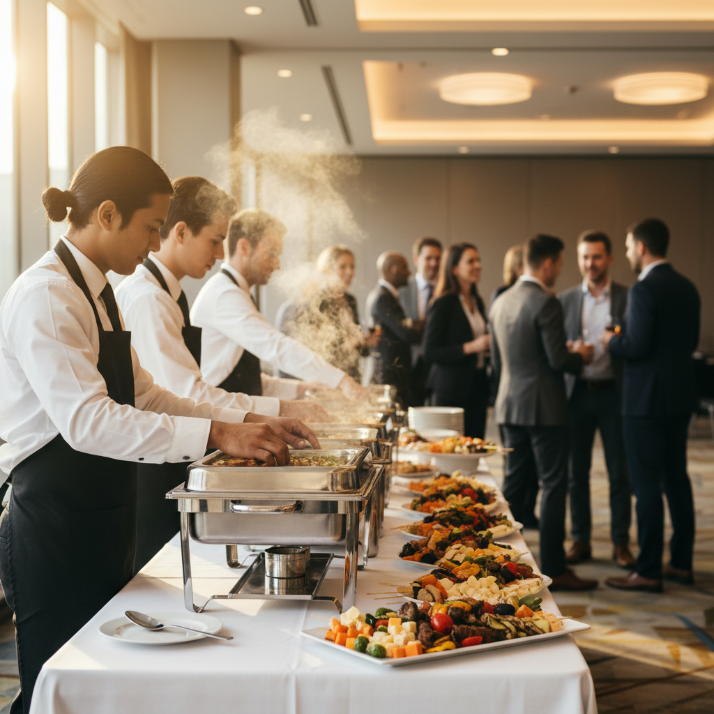 Catering team setting up chafing dishes and buffet platters for a business event in Toronto office