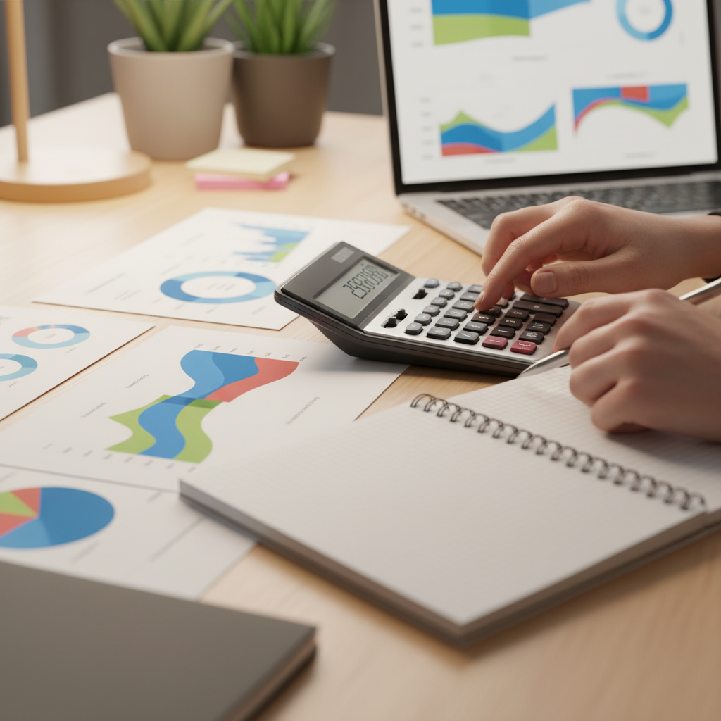 Close-up of hands calculating a 13-week cash flow forecast with a calculator and charts — business finance tips for SMEs