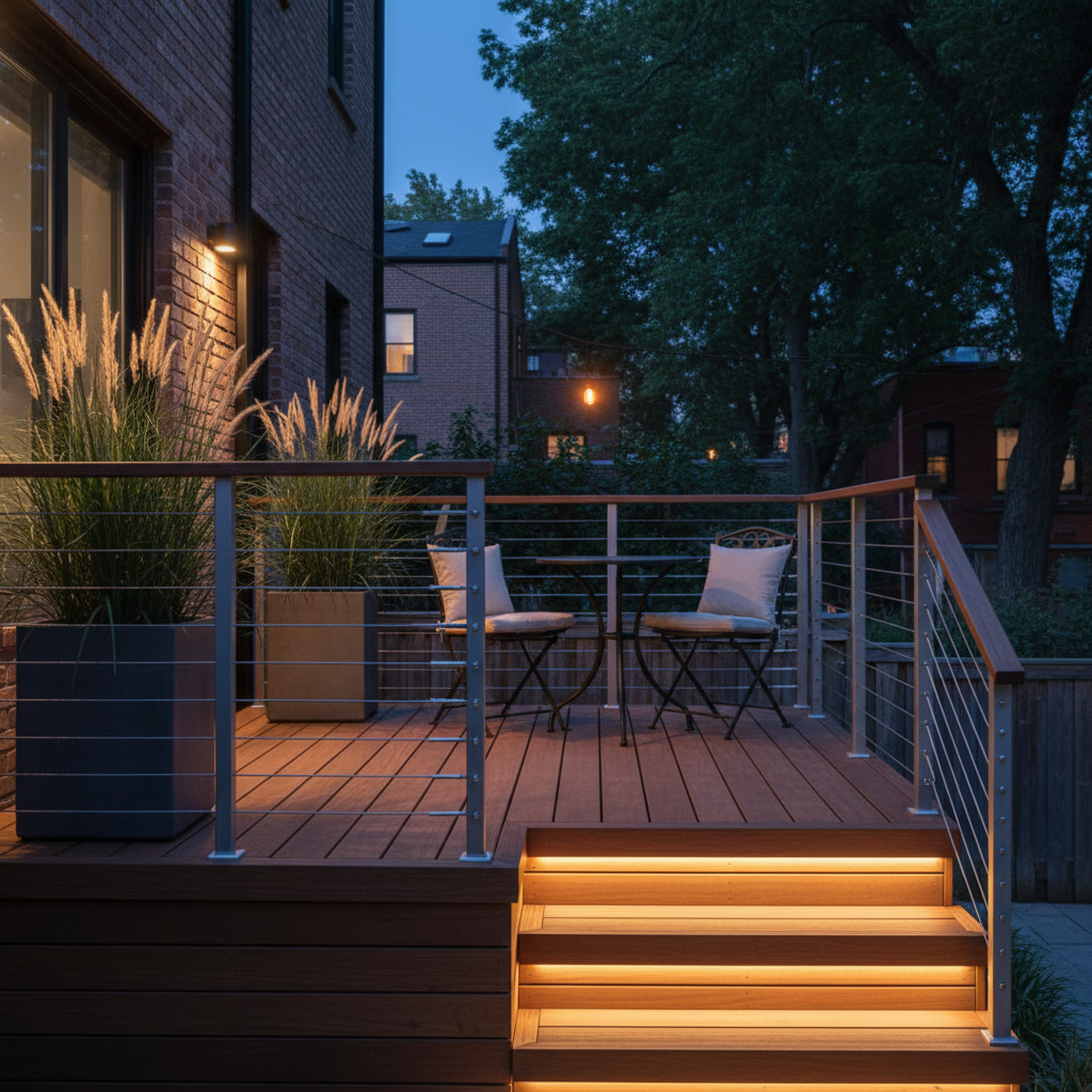 Evening side-angle of a tiny multi-level deck with warm LED step lights, slim cable railing, and planters—an efficient small backyard deck design