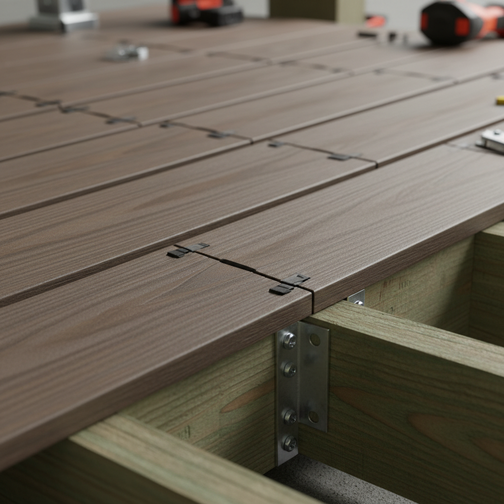 Close-up of composite deck boards with hidden fasteners on pressure-treated joists, illustrating custom deck design details for small backyards