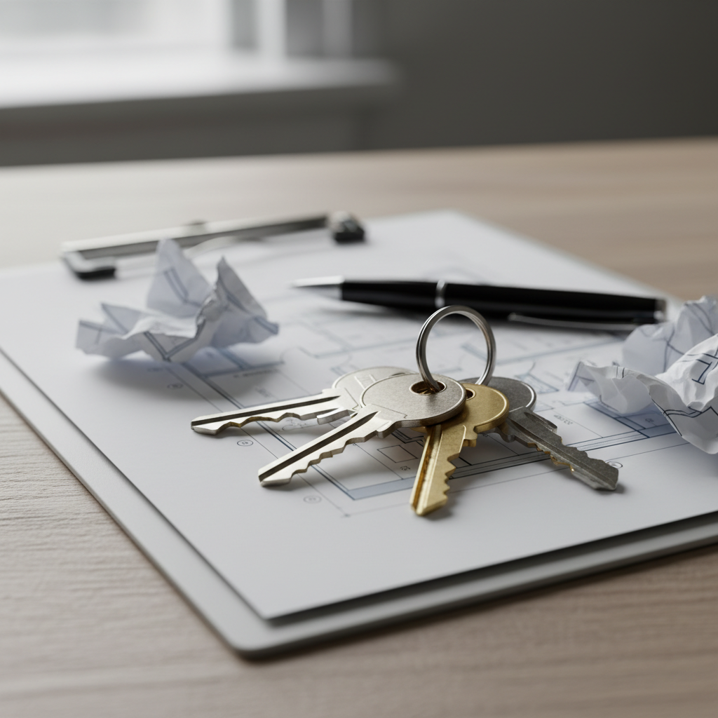 Close-up of keys, checklist, and floor plan representing a Brampton buyer report checklist for MLS review and due diligence