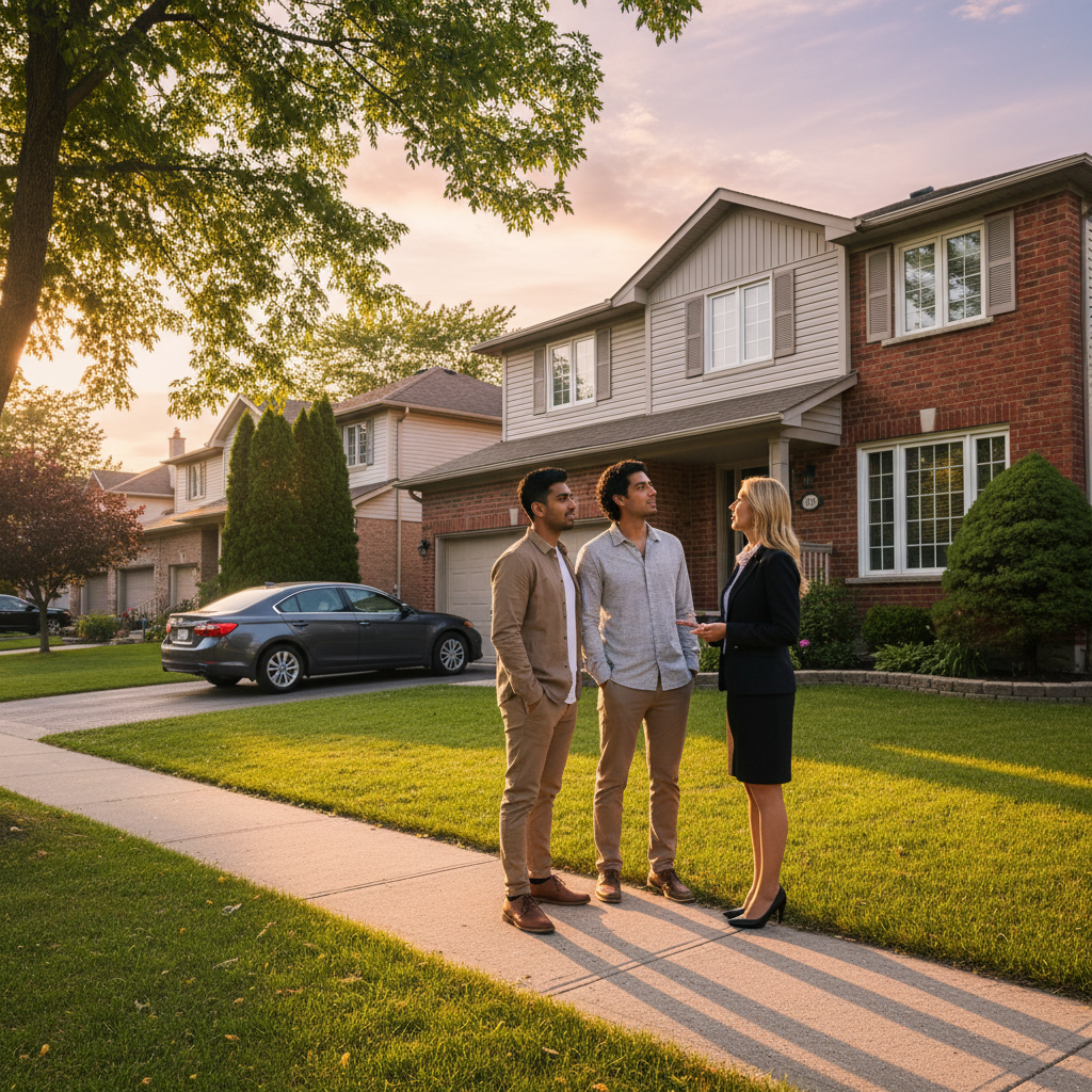 Brampton homebuyers touring a detached house with their agent, applying a buyer report checklist to evaluate value and condition