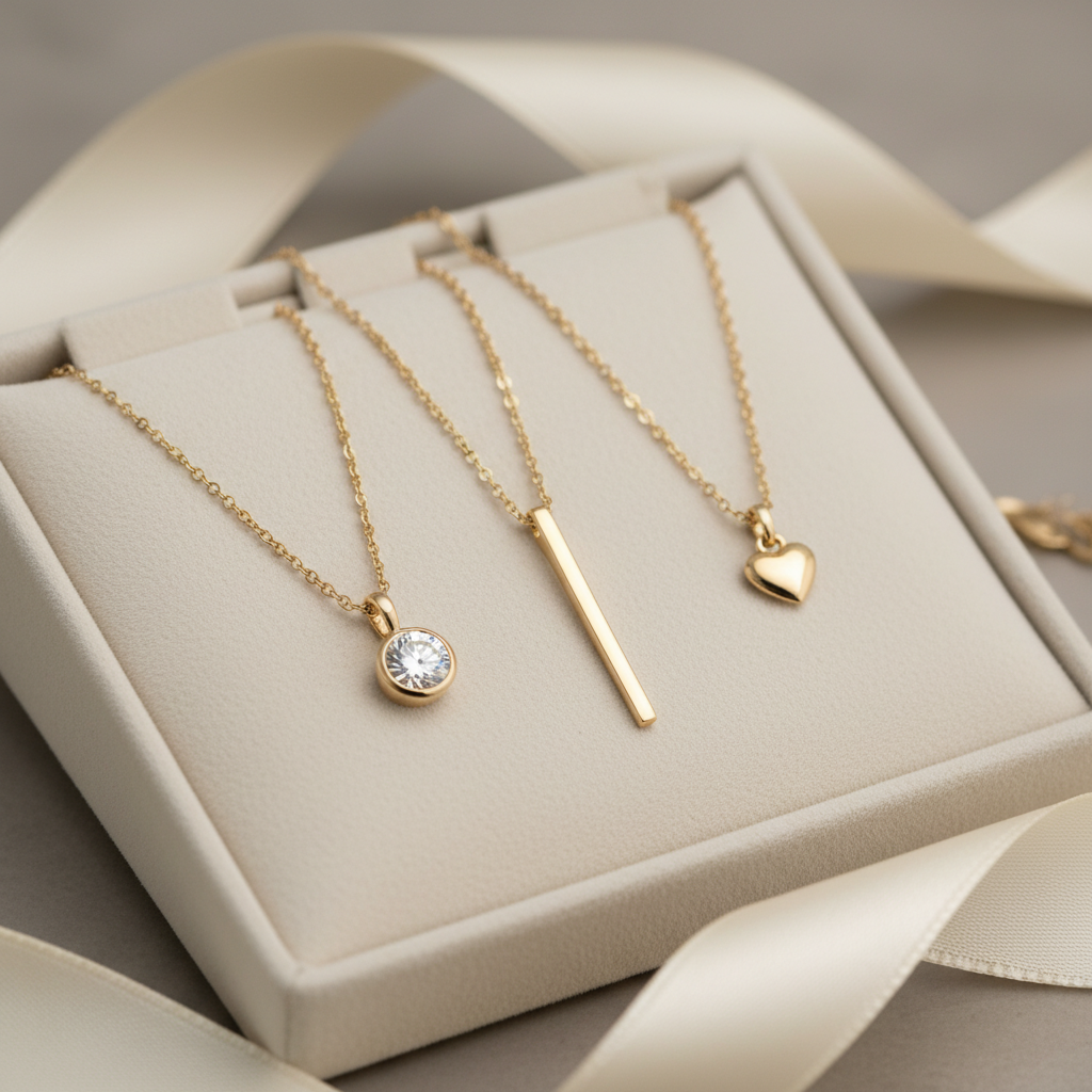 Close-up of three delicate bridesmaid pendant necklaces in 14k gold on velvet trays—solitaire, bar, and heart—ideal necklaces for bridesmaids