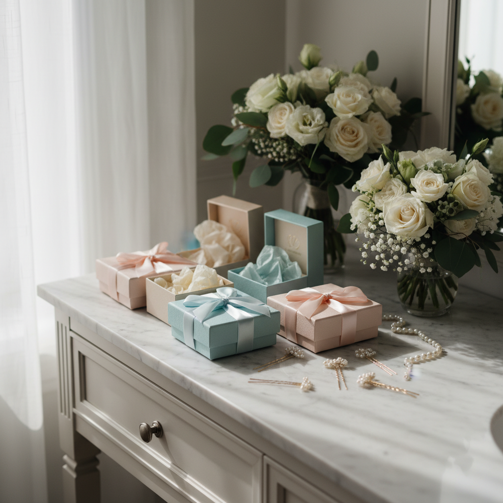 Gift-ready bridesmaid necklace boxes with ribbon and tissue on marble vanity—elegant presentation ideas for necklaces for bridesmaids