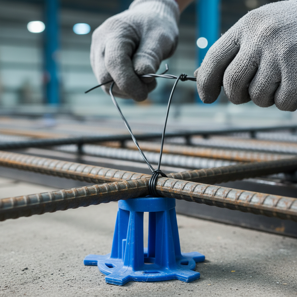 Close-up rebar tie at intersection with chair and ribs visible for rebar detailing drawings quality control