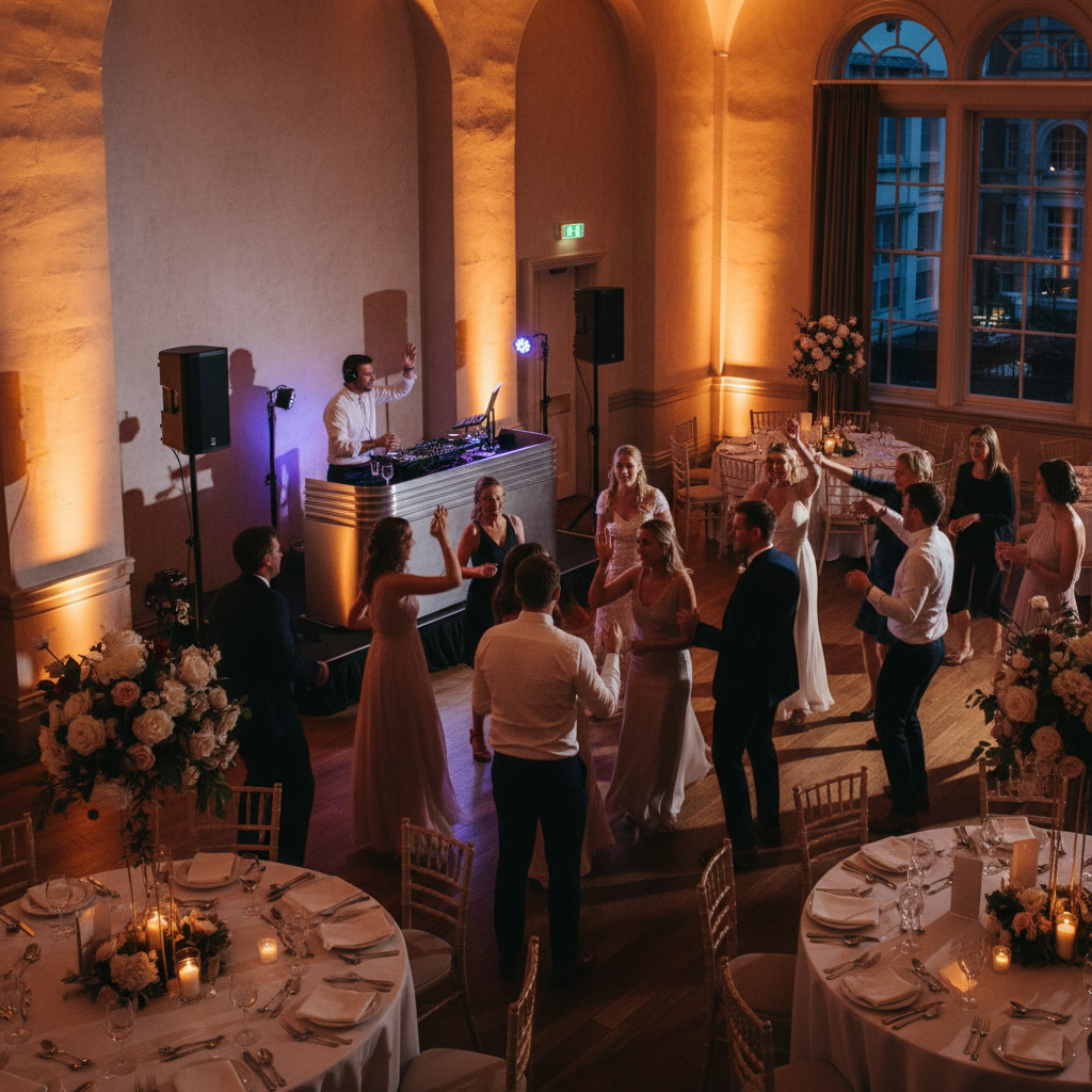 Wedding reception dance floor and DJ setup in Greater London, showing pacing and program flow for reception planning