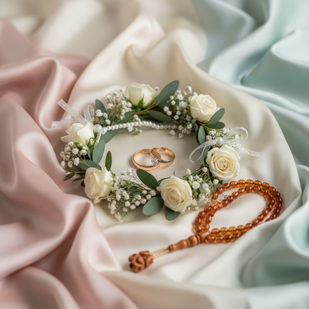 Detail shot of floral garlands, rings, and prayer beads for nikkah vs wedding reception planning in Greater London