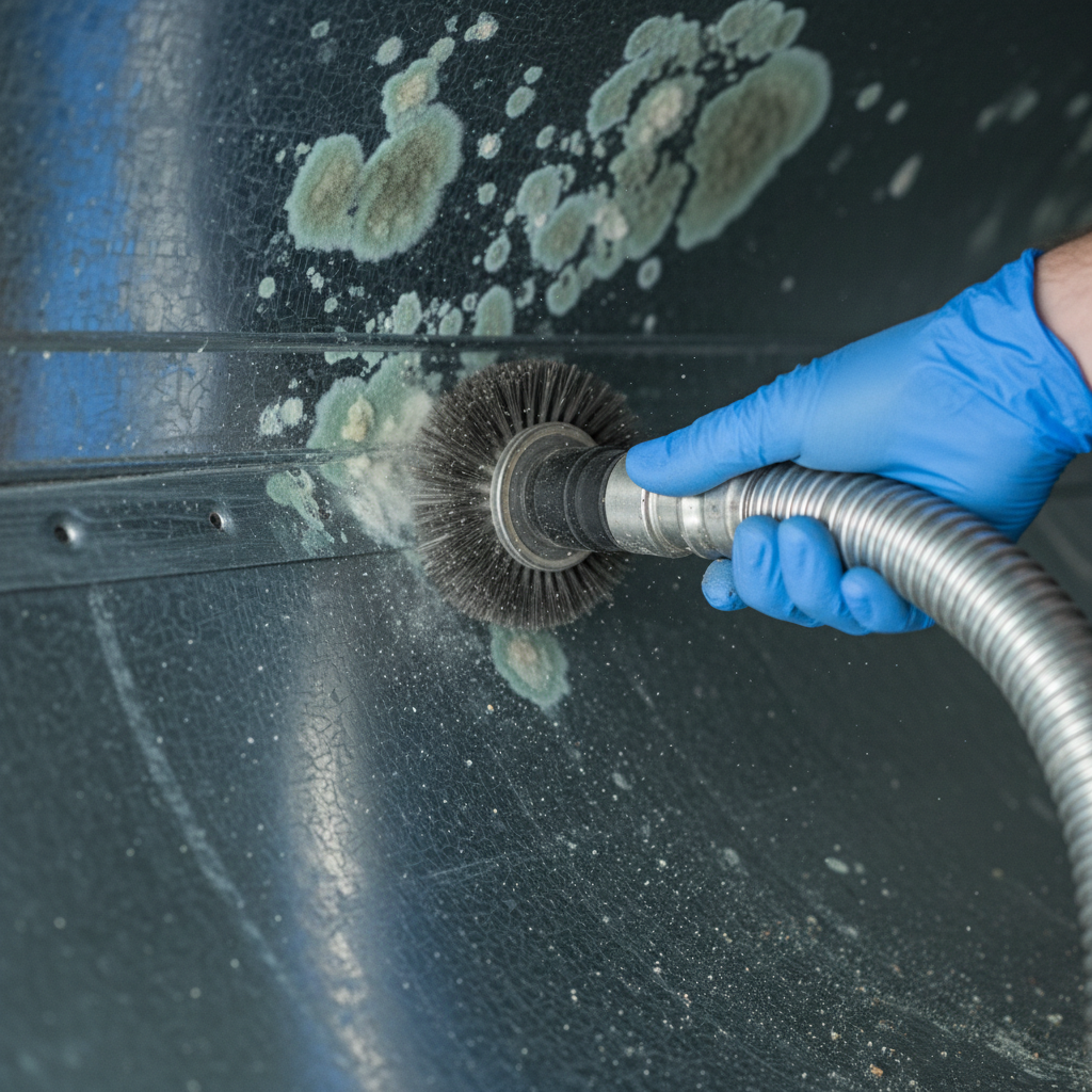 Close-up of HVAC duct mold cleaning with HEPA vacuum and rotary brush during HVAC mold treatment